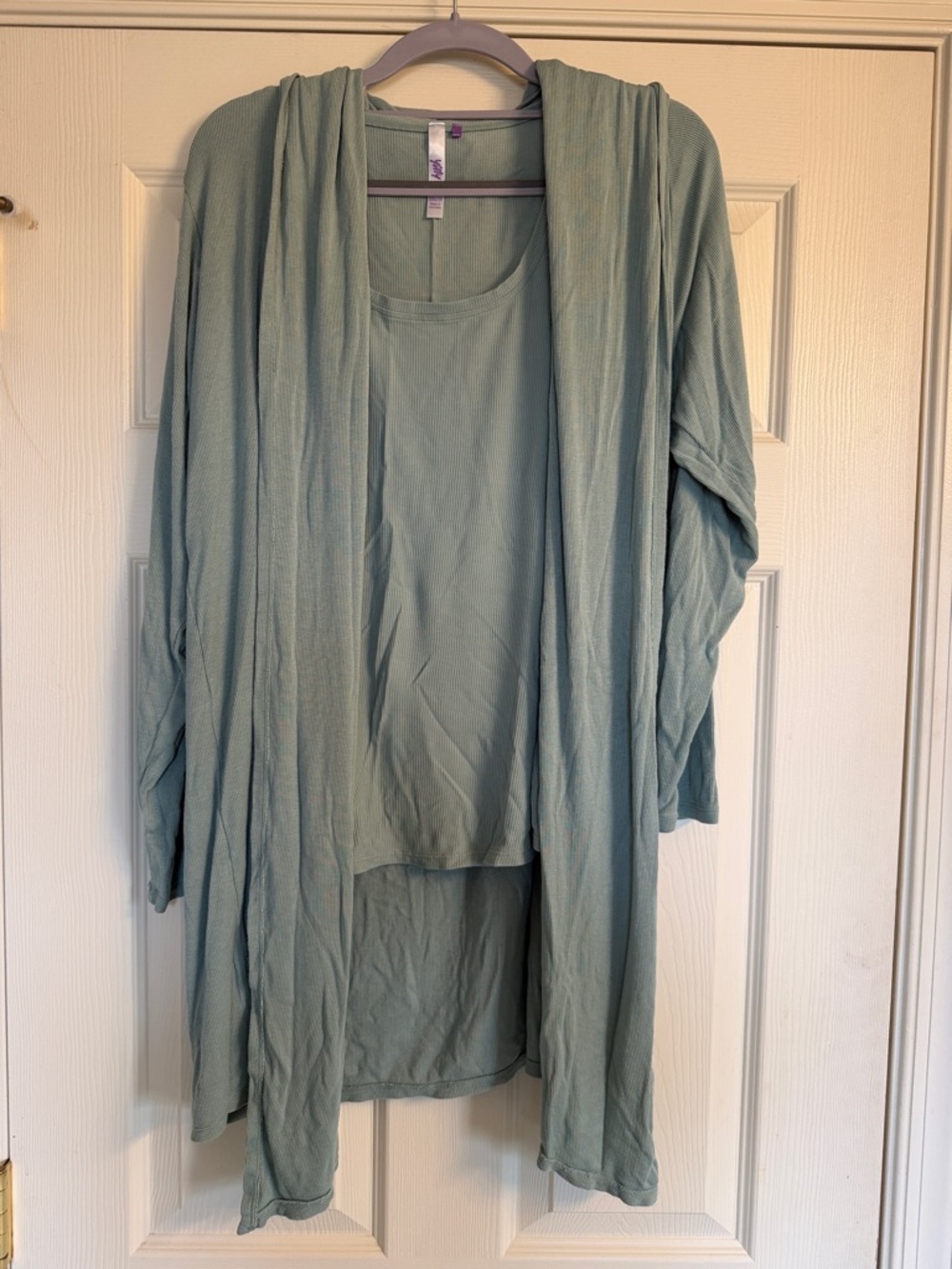 YITTY Fabletics 3 Piece Sage Ribbed Tank and Cardigan Set with Yoga Pants